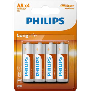 Pack of four Philips AA LongLife batteries in orange and white packaging