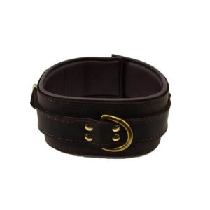 Black nubuck leather collar with gold-tone D-ring and stitching detail