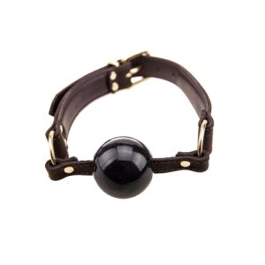 Black ball gag with adjustable brown leather strap and metal buckle