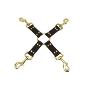 Black nubuck leather four-way hog tie with gold metal hardware and clips