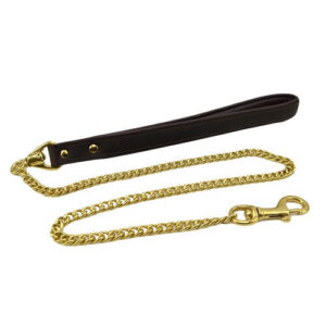 Black nubuck leather handle leash with gold metal chain and clasp