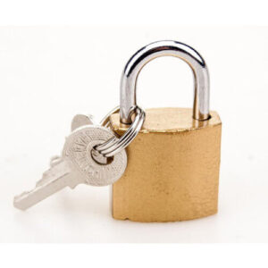 Brass padlock with two silver keys attached to the shackle