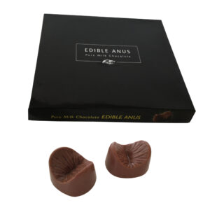 Black box labeled Edible Anus Pure Milk Chocolate with two molded milk chocolates