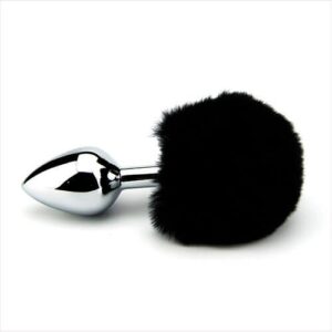 Metal plug with a large black faux fur bunny tail attached