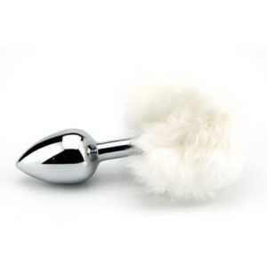 Silver metal plug with fluffy white faux fur bunny tail attached