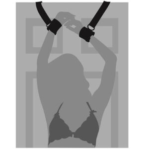 Silhouette illustration of a person with arms restrained by cuffs attached to a door