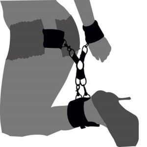 Loving Joy Hog Tie Set with four cuffs connected by metal clips, shown in use