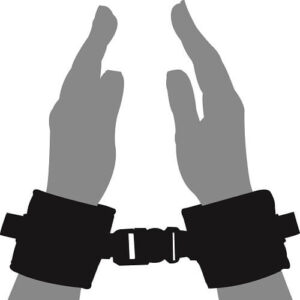 Pair of black wrist restraints connected by a buckle on illustrated hands