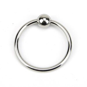 Silver metal ring with a fixed spherical bead at the top, 30mm diameter