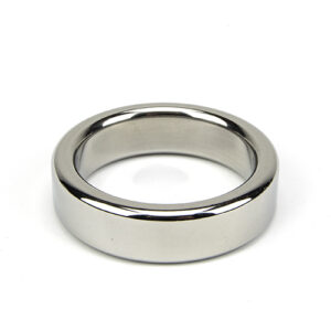 Polished metal ring with thick, smooth band and circular shape