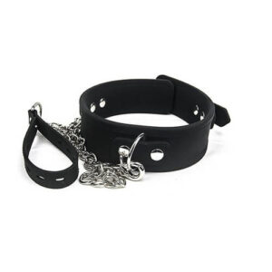 Black silicone collar with metal chain lead and buckle fastening