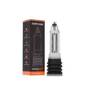 Bathmate Hydromax 7 clear pump with black base next to branded packaging