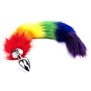 Metal plug with attached rainbow-colored furry tail