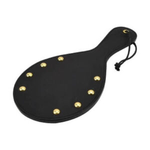 Black nubuck leather paddle with brass stud accents and wrist cord
