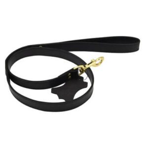 Black nubuck leather leash with gold metal clasp and loop handle