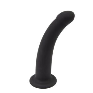 Curved black silicone dildo with rounded tip and suction cup base