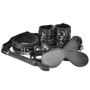 Eight-piece black beginner's bondage kit with cuffs, blindfold, rope, ball gag, and paddle