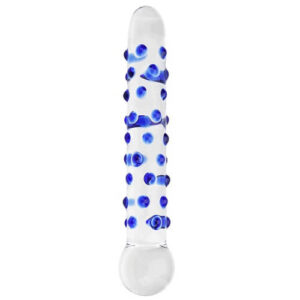 Clear glass rod with blue raised nubs along the shaft and rounded ends