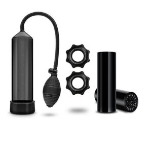 Black cylindrical pump with bulb, two textured rings, and a sleeve with internal bristles