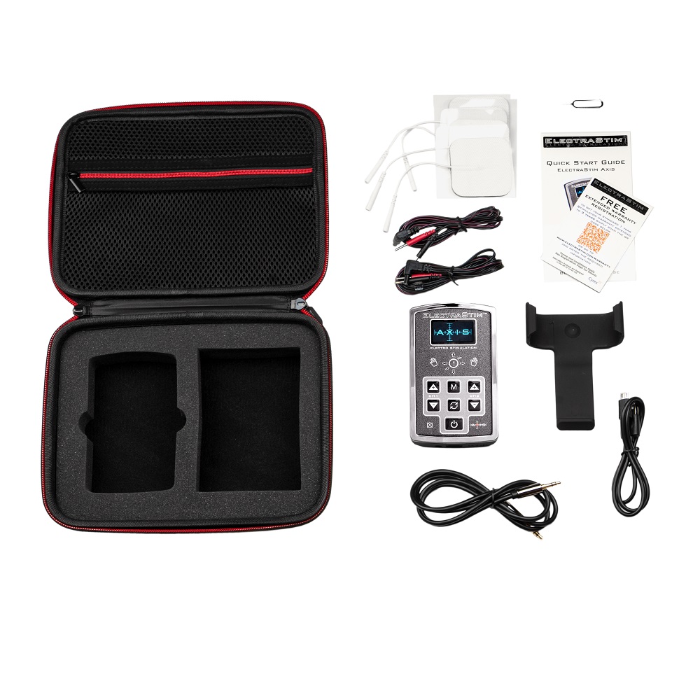 ElectraStim Axis stimulator kit with control unit, cables, pads, holder, guide and black case