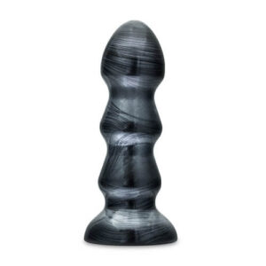 Large black ribbed plug with a flared base and marbled finish