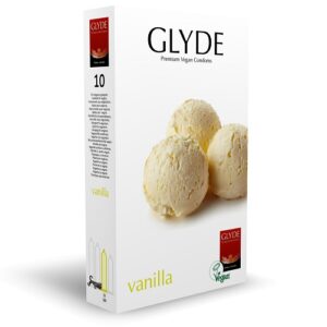 Glyde Ultra Vanilla Flavour Vegan Condoms 10 pack box with vanilla ice cream scoops on the front