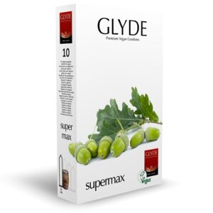 Glyde Ultra Super Max Vegan Condoms 10 pack box with green acorns and leaves design