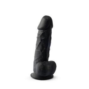 Black silicone dual density dildo with suction cup and balls, 8.5 inch