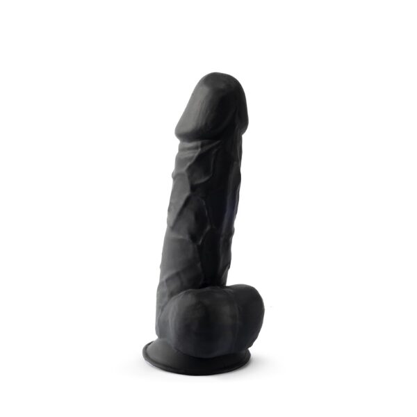 Black silicone dual density dildo with suction cup and balls, 8.5 inch
