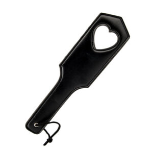Black paddle with heart-shaped cutout and wrist strap