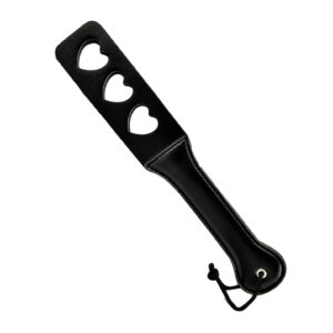 Black paddle with three heart-shaped cutouts and wrist strap