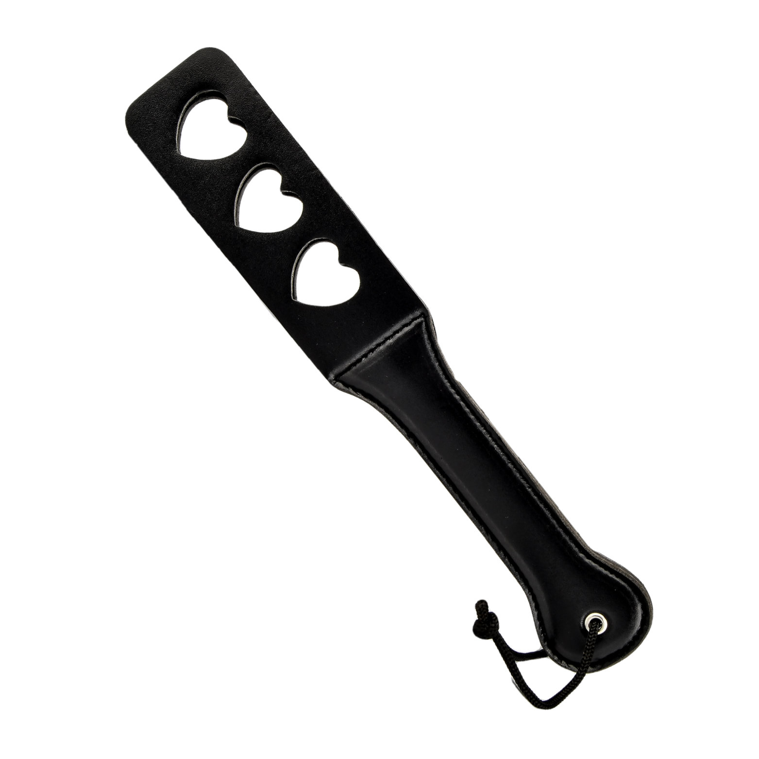 Black paddle with three heart-shaped cutouts and wrist strap