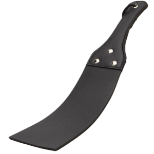 Curved black strap spanking paddle with rivet details and wrist loop