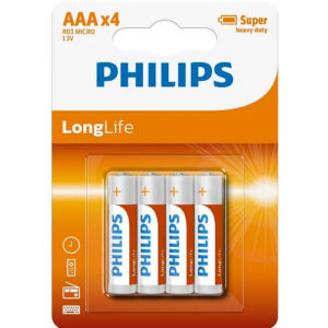 Pack of four Philips LongLife AAA batteries in orange and white blister packaging