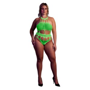 Shots Toys Cut Out Thong Bodysuit Neon Green Plus Size