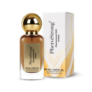 PheroStrong Pheromone DUO Unisex 50ml perfume bottle with gold cap next to branded box