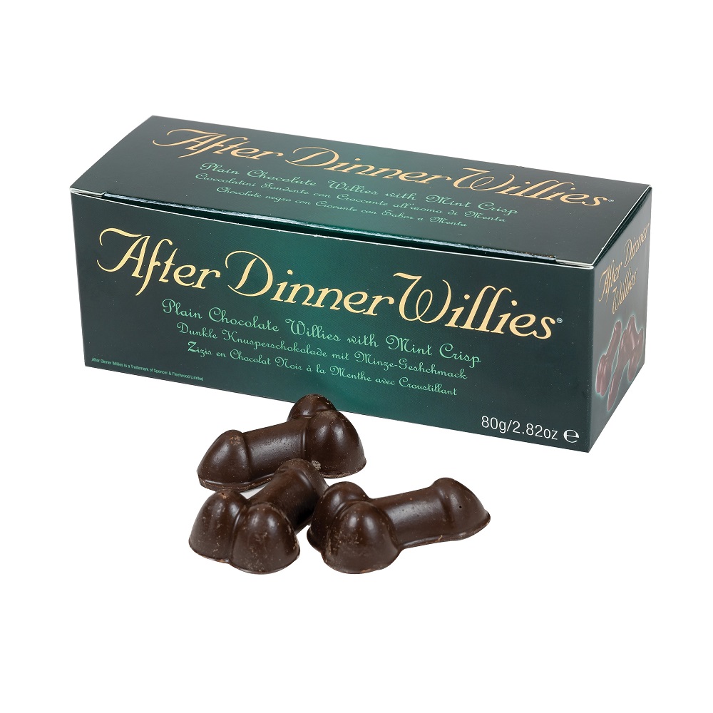 Box of After Dinner Willies chocolates with mint crisp and several novelty-shaped chocolates in front