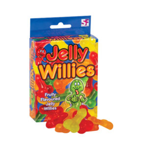 Box of Funtime Gifts Jelly Willies with colorful fruit-flavored jelly sweets in novelty shapes