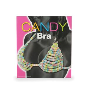 Box packaging for Spencer & Fleetwood Candy Bra featuring pastel candy beads in a bra shape on a black and white model