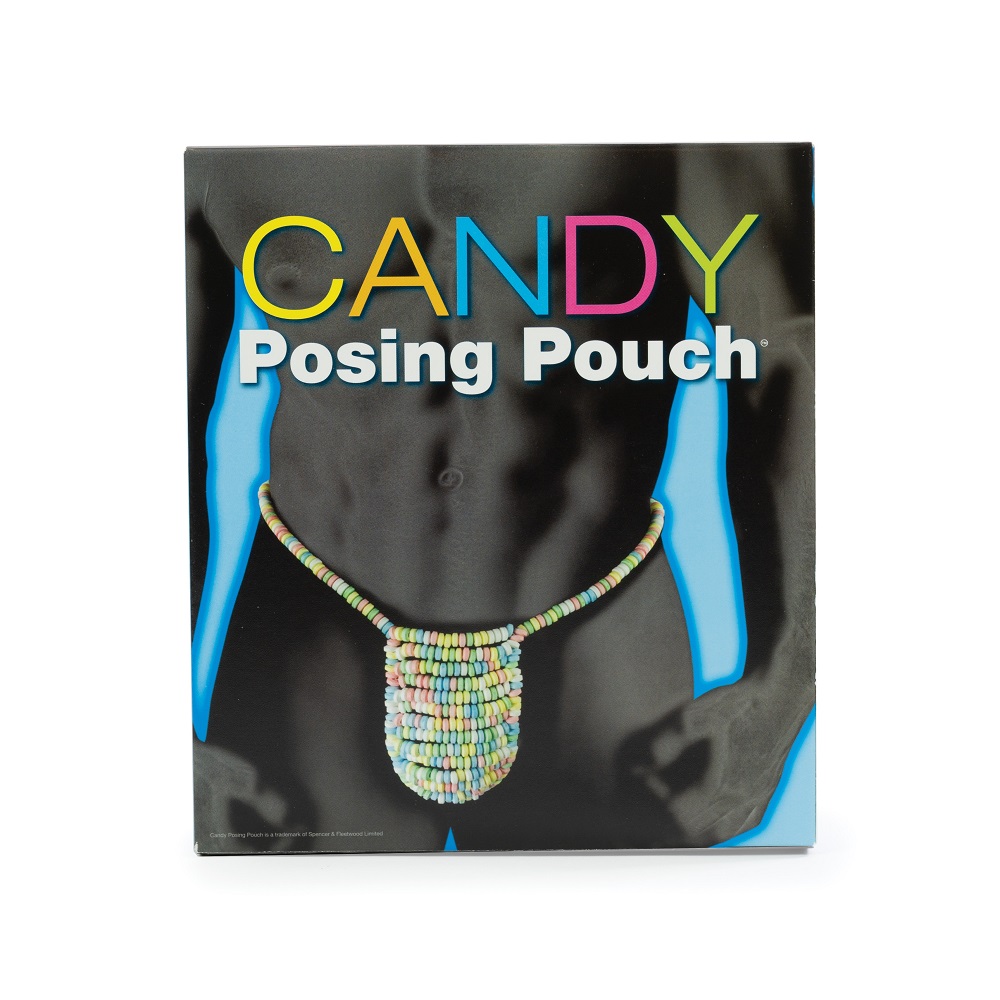 Candy posing pouch made of colorful candy beads on product packaging