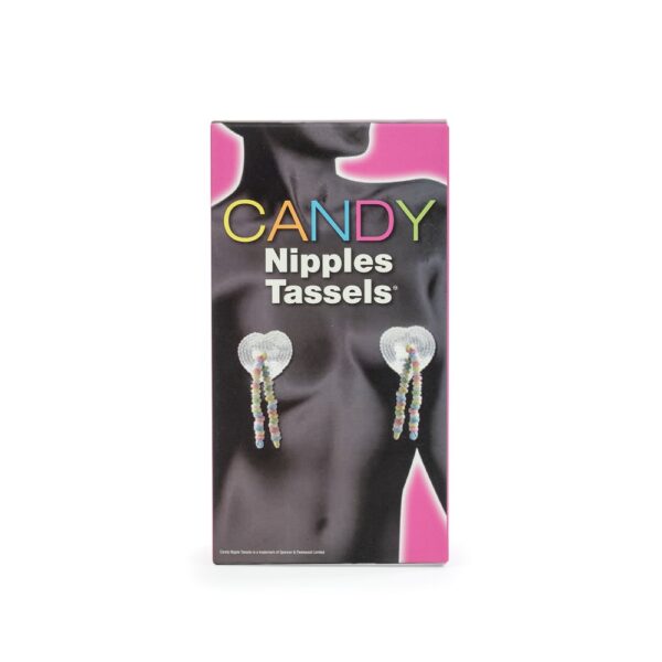 Box of Spencer & Fleetwood Ltd Candy Nipple Tassels with heart-shaped candy pieces and colorful tassels