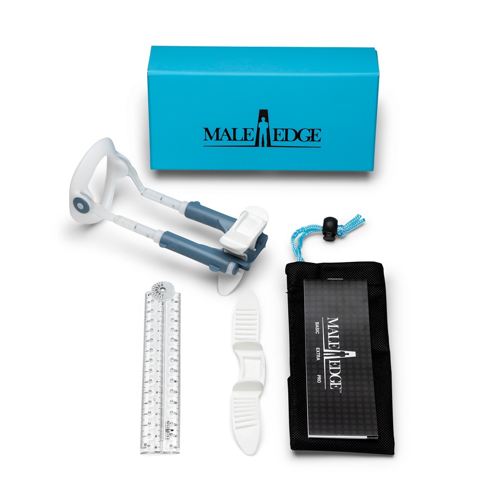 Male Edge Basic kit with adjustable device, ruler, straps, storage pouch, and blue box
