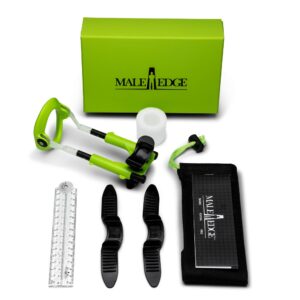 Male Edge Extra kit with green device, measuring ruler, foam ring, black straps, storage pouch, and branded box
