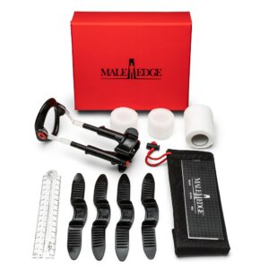 Male Edge Pro set with black extender device, foam pads, measuring ruler, straps, bandage roll, pouch, and red box