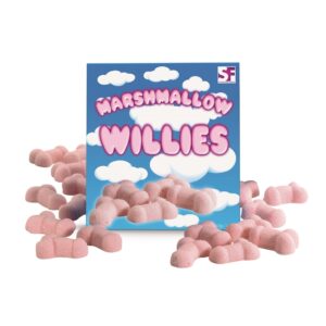 Box of Marshmallow Willies with pink marshmallow candies scattered around
