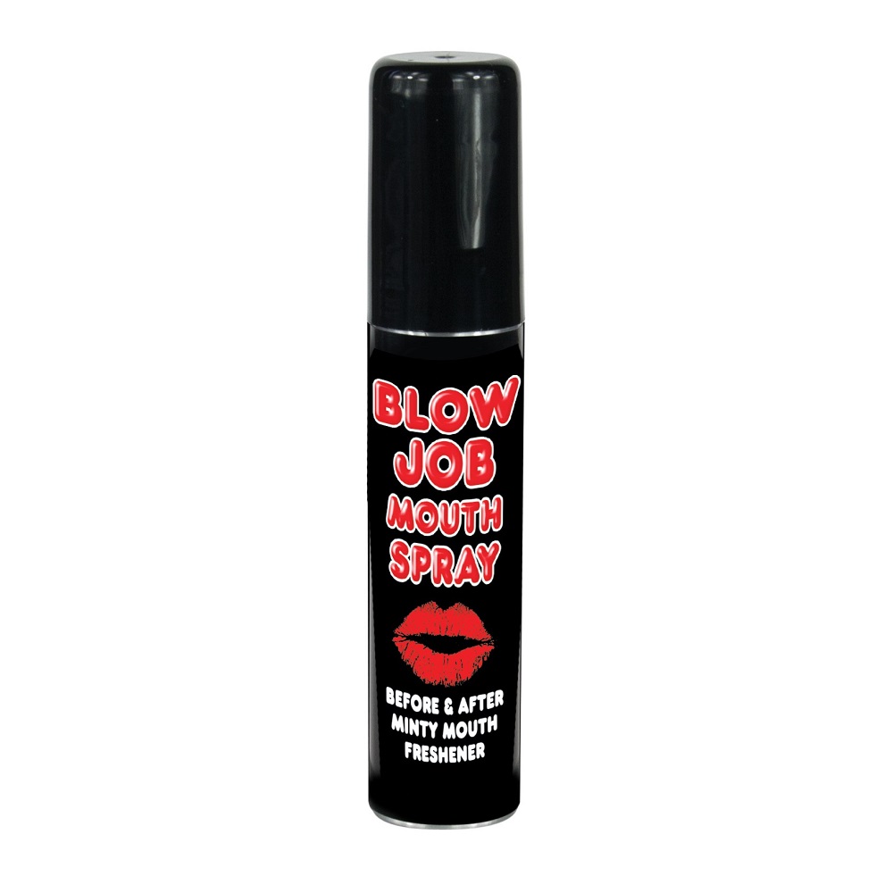Black cylindrical mouth spray bottle with red lips graphic and bold red and white text on label