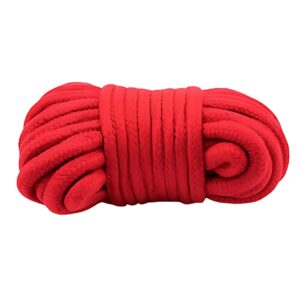 Coiled red rope with a braided texture against a white background