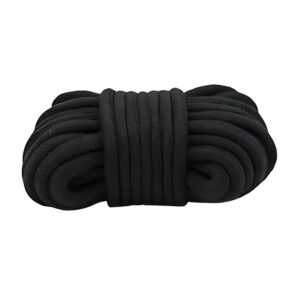 Coiled black rope with a smooth texture, neatly bundled and secured in the center