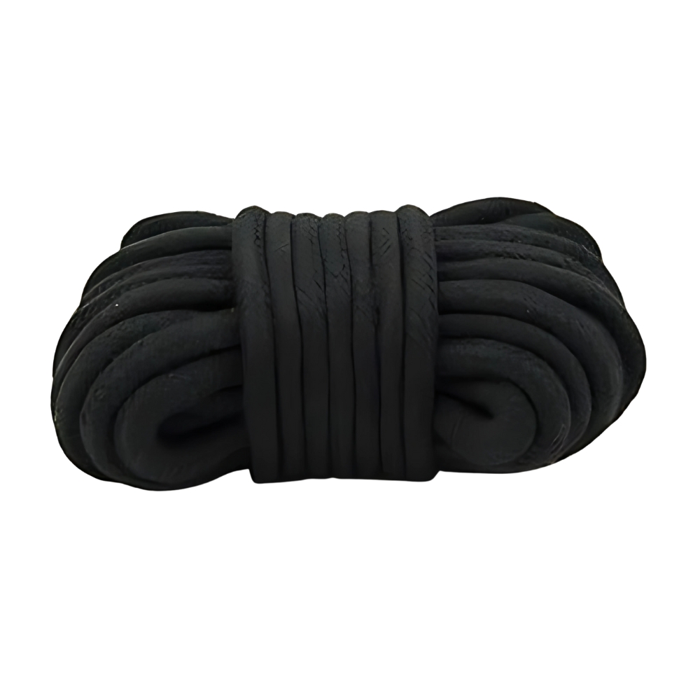 Coiled black rope with a smooth texture, neatly bundled and secured in the center
