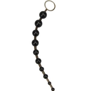 Curved strand of black beads with a ring handle at one end